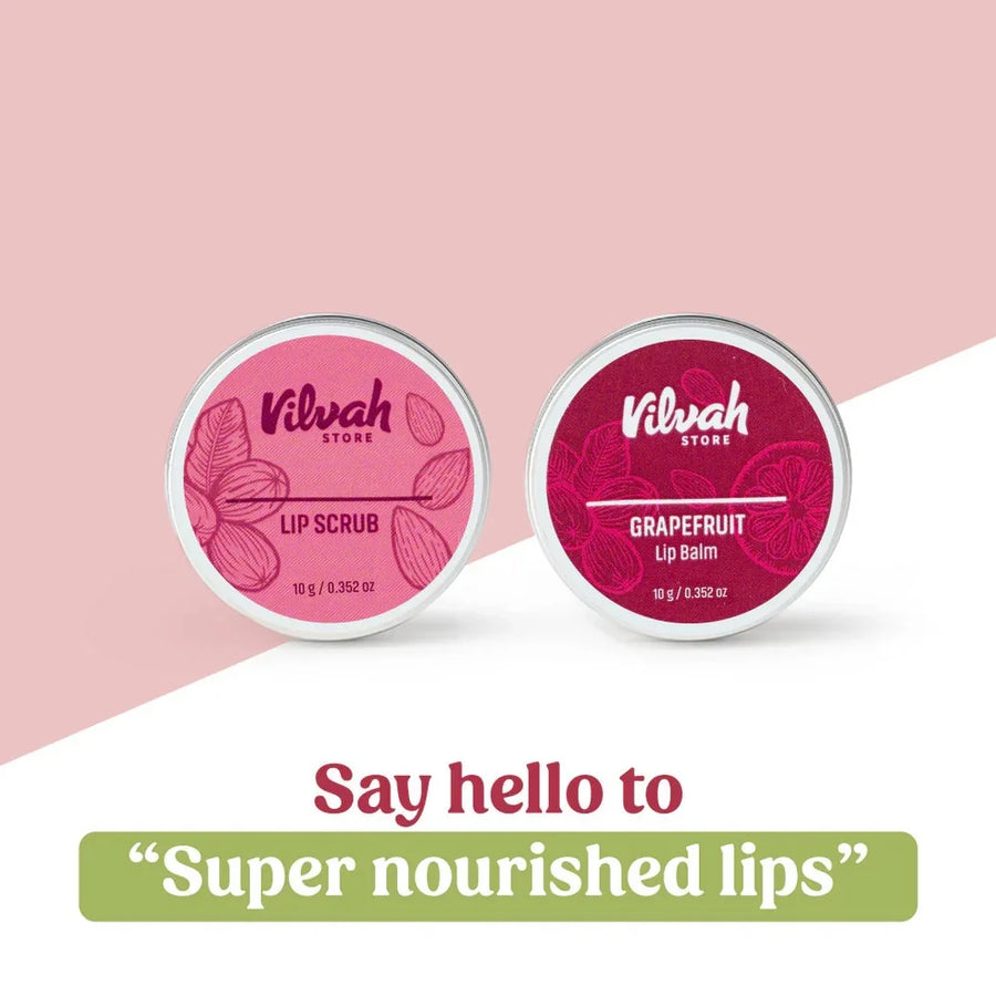 Vilvah Lip Nourishing Kit – lip scrub and grapefruit lip balm tins side by side
