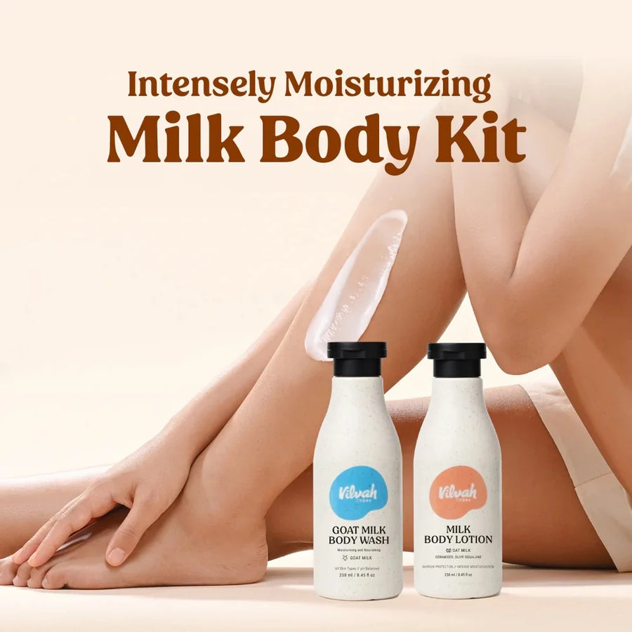 Vilvah Milk Body Kit – both bottles beside a model's legs