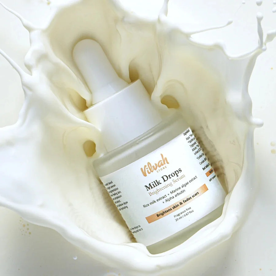 Vilvah Milk Drops Hydrating Serum 40ml – dropper bottle of Milk Drops serum in a milk splash
