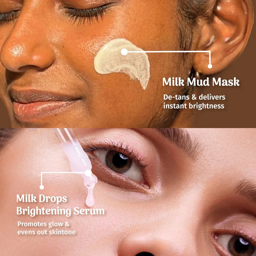 Vilvah Milk Face Kit – model applying the mud mask and serum