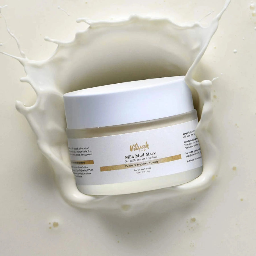 Vilvah Milk Mud Mask 50ml – jar of milk mud mask in a milk splash