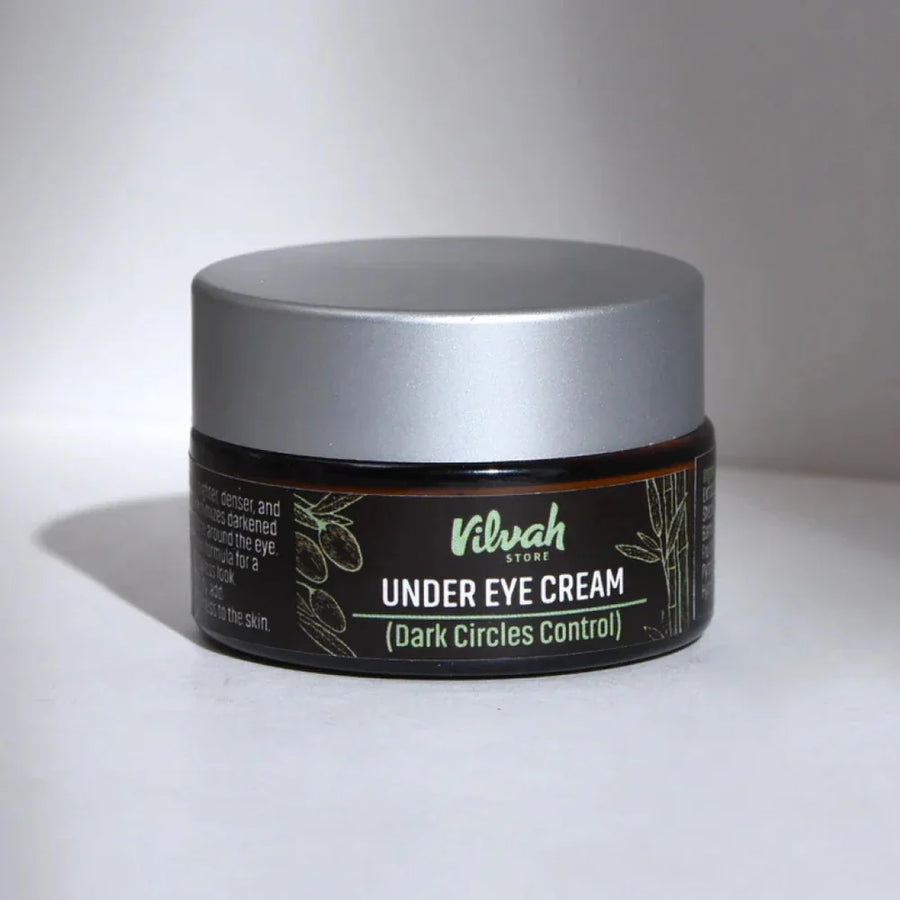 Vilvah Natural Under Eye Cream 20 ml – dark glass jar with silver lid on a white background