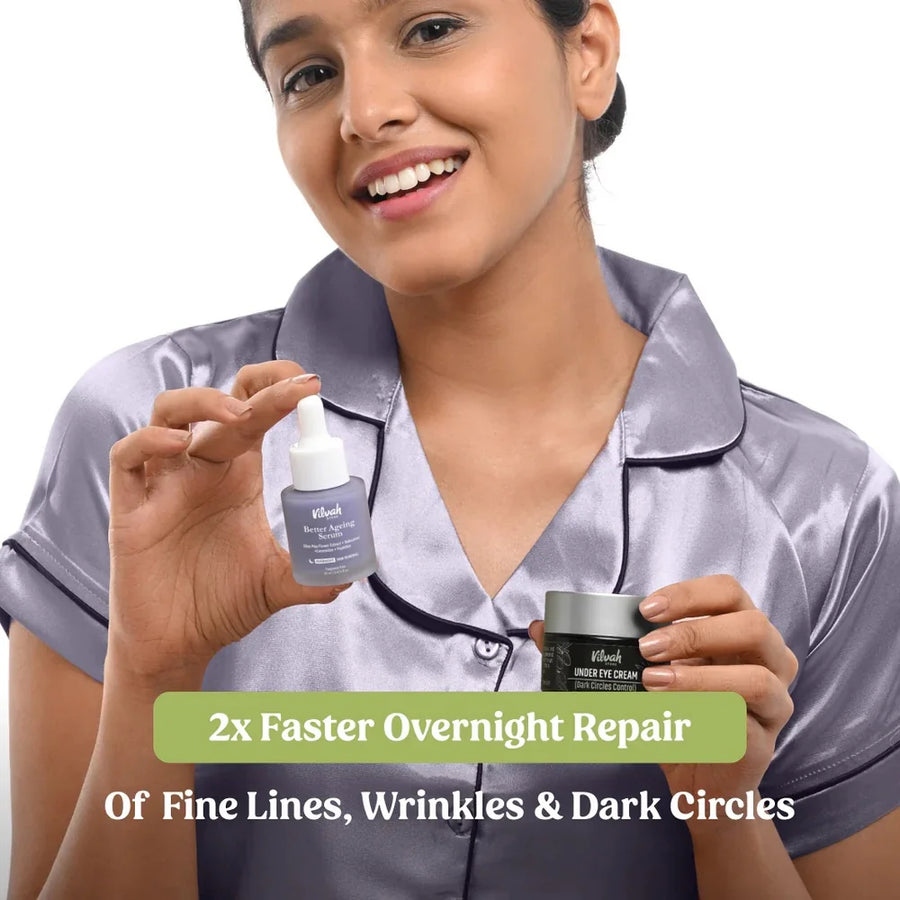 Vilvah Night Repair Kit – model in satin pyjamas holding both products