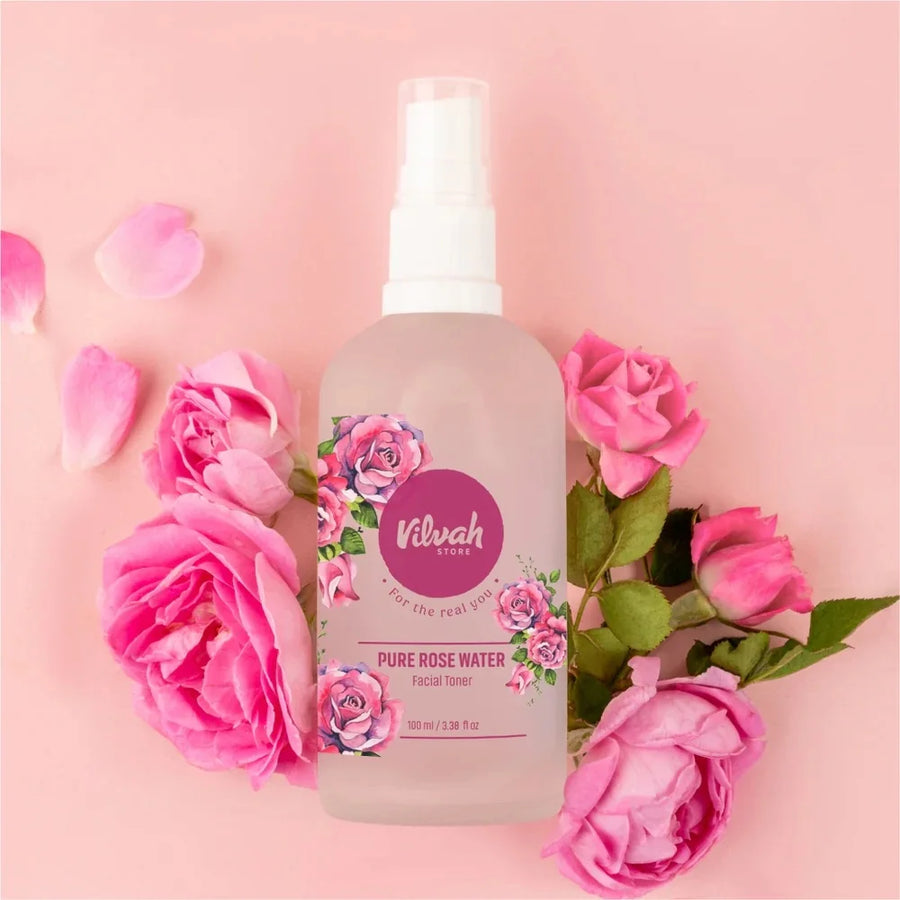 Vilvah Rosewater Facial Toner 100ml – frosted spray bottle with pink roses