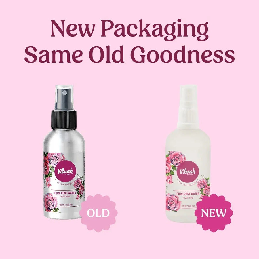 Vilvah Rosewater Facial Toner 100ml – old and new packaging side by side