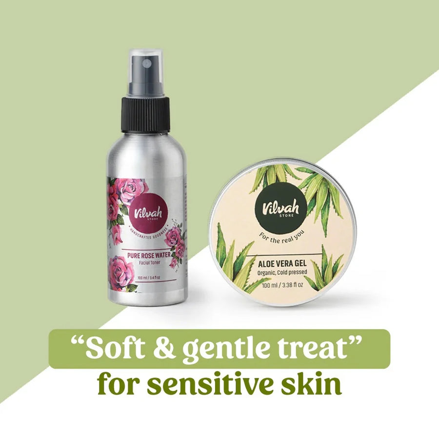 Vilvah Sensitive Skin Kit – rose water toner and aloe vera gel tin together
