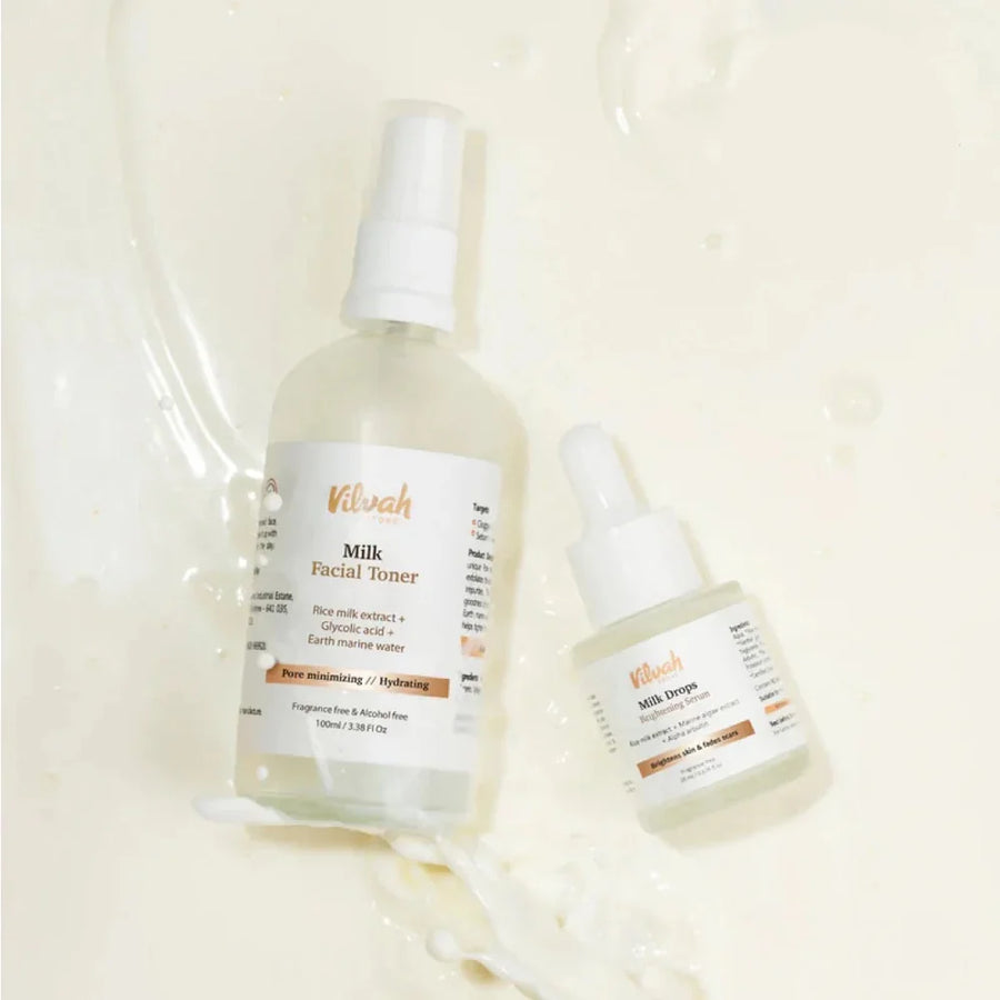 Vilvah Skin Hydration Kit – kit contents: Milk Facial Toner and Milk Drops Serum in milk