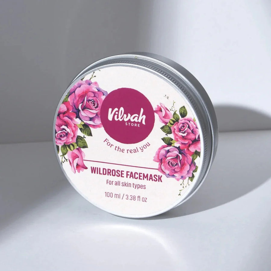 Vilvah Wild Rose Face Mask 100ml – round tin with pink roses label on white