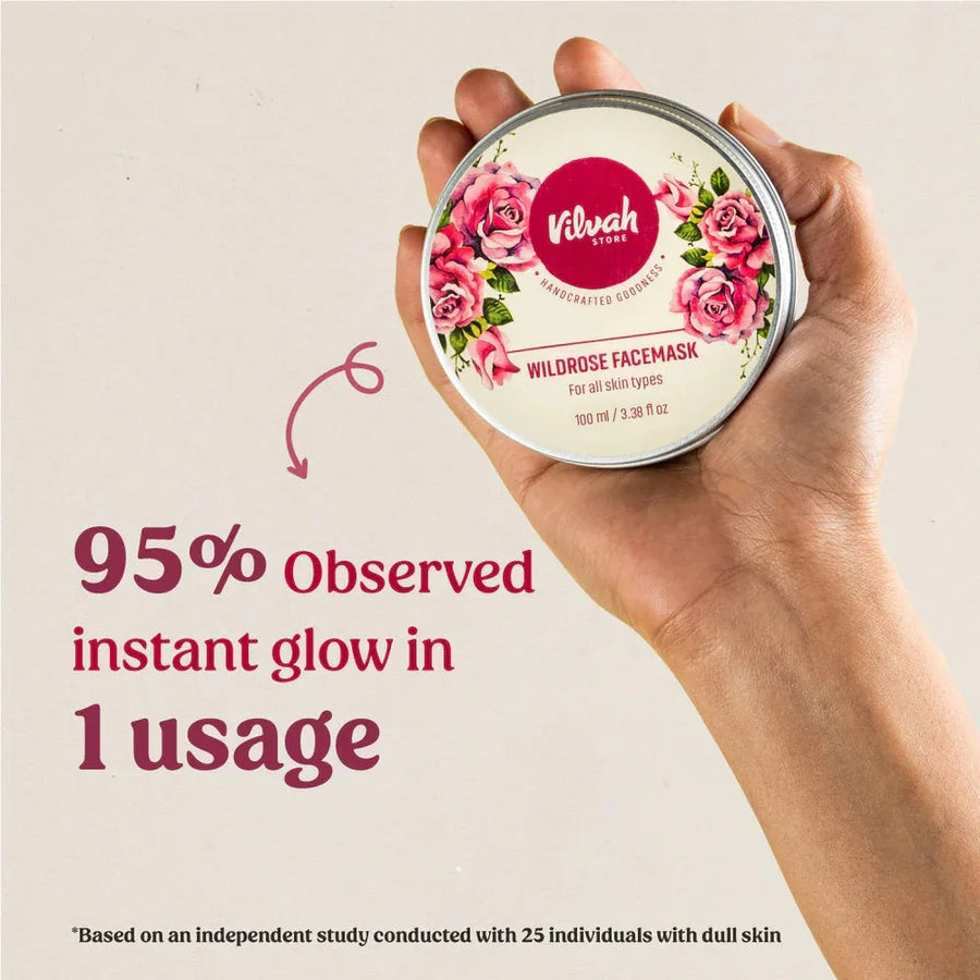 Vilvah Wild Rose Face Mask 100ml – hand holding the tin with user study result