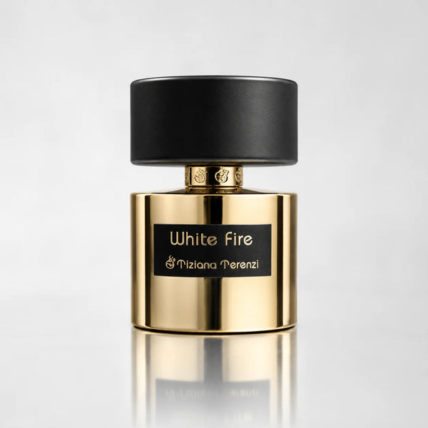 White Fire Extrait de Parfum 100ml – gold bottle with black cap, front view