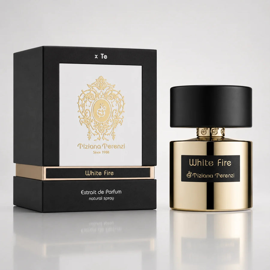 White Fire Extrait de Parfum 100ml – bottle beside its black and white gift box