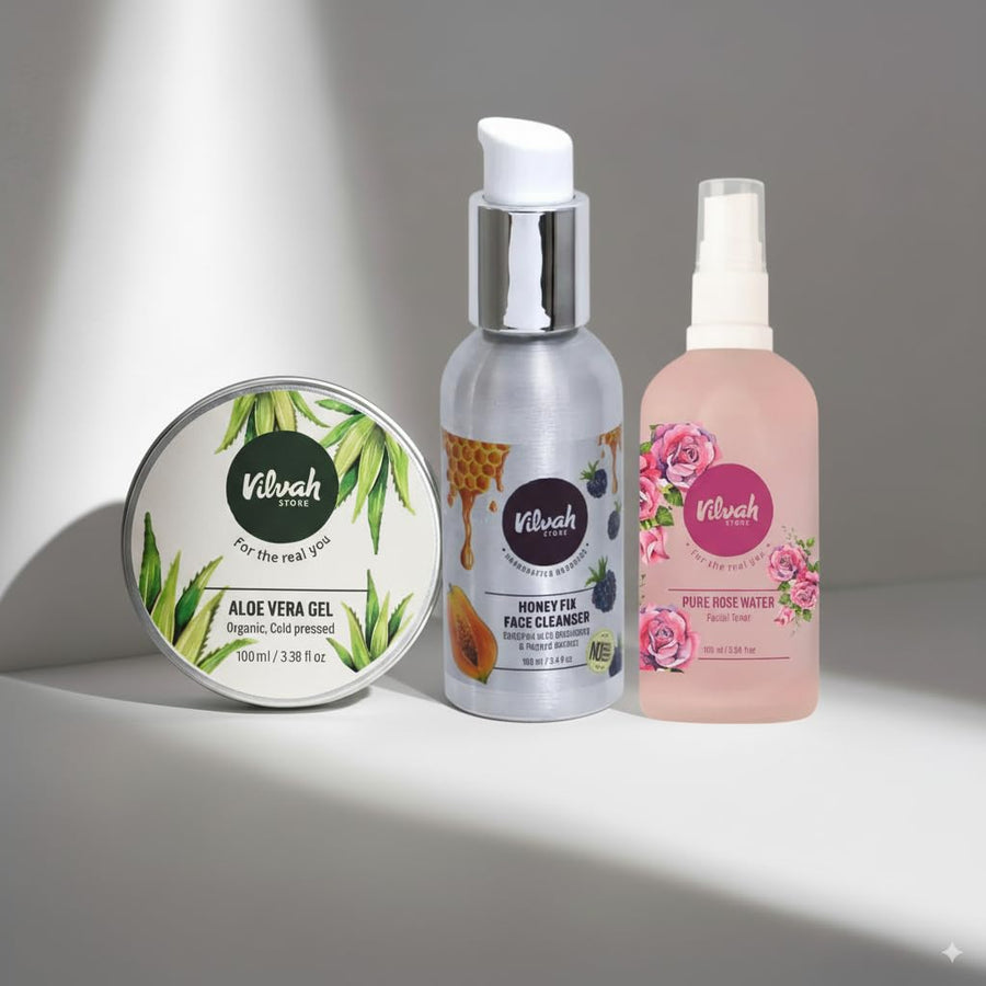 Vilvah Natural Skincare Kit – kit contents: Aloe Vera Gel, Honey Fix Face Cleanser and Pure Rose Water