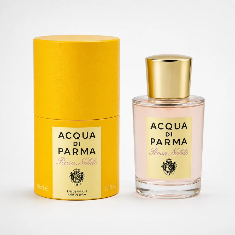 Acqua di Parma Rosa Nobile EDP 20ml for Women – bottle beside its yellow cylinder box