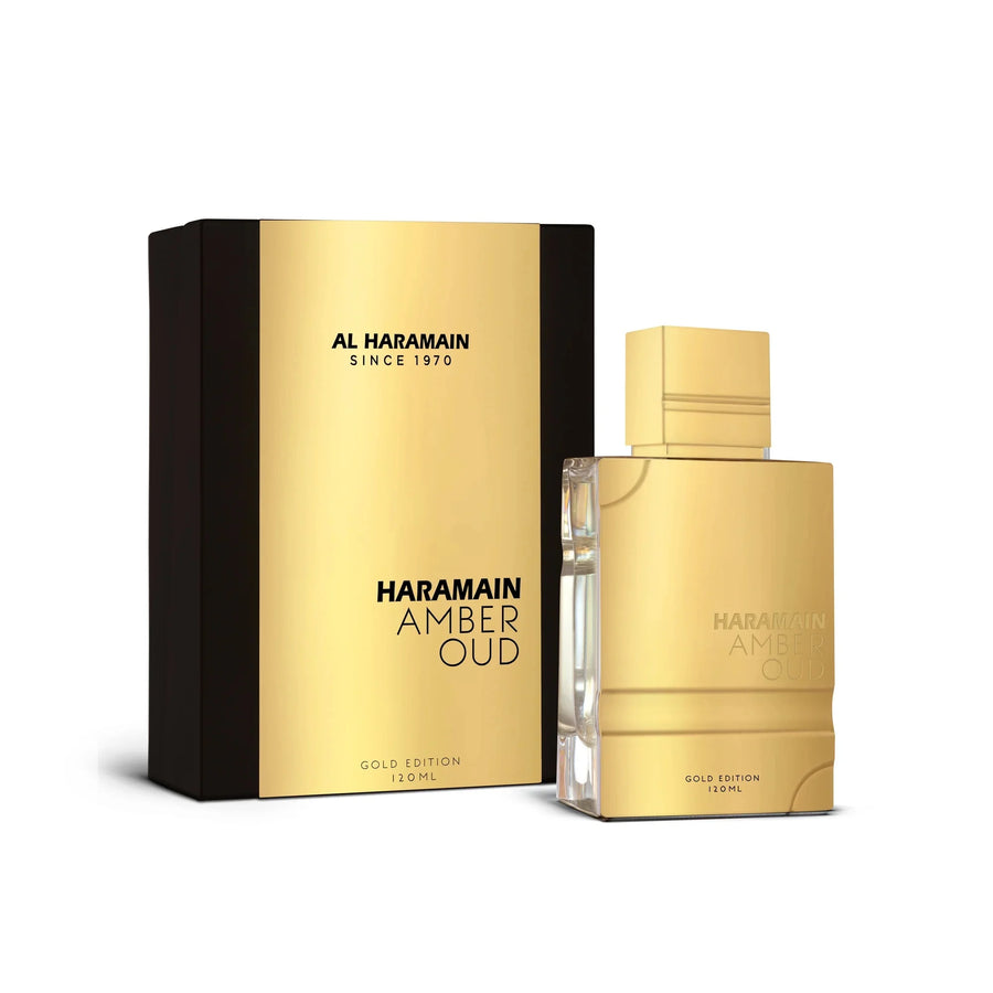 Al Haramain Amber Oud Gold Edition Eau de Parfum – 120 ml bottle beside its black and gold box