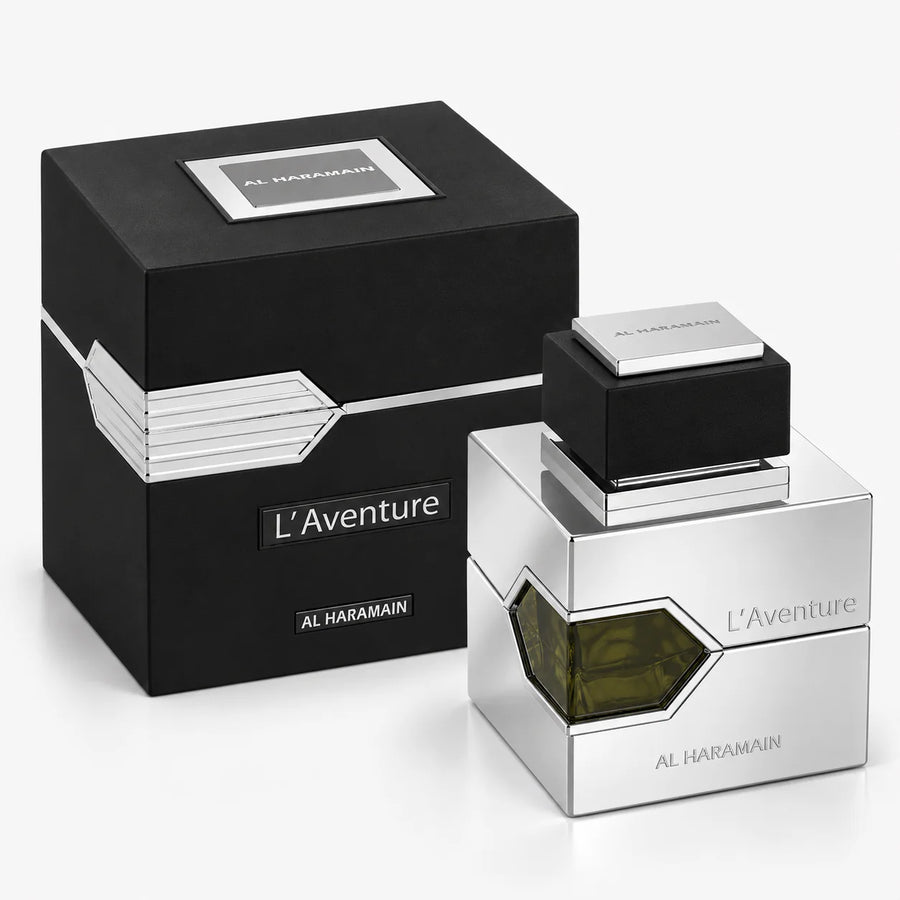 Al Haramain L’Aventure Eau de Parfum 100ml – bottle beside its black and silver box