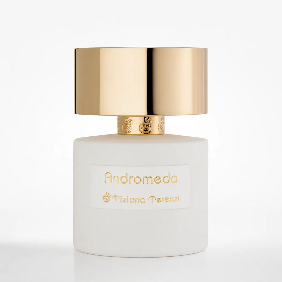 Andromeda Extrait de Parfum 100ml – white bottle with gold cap, front view