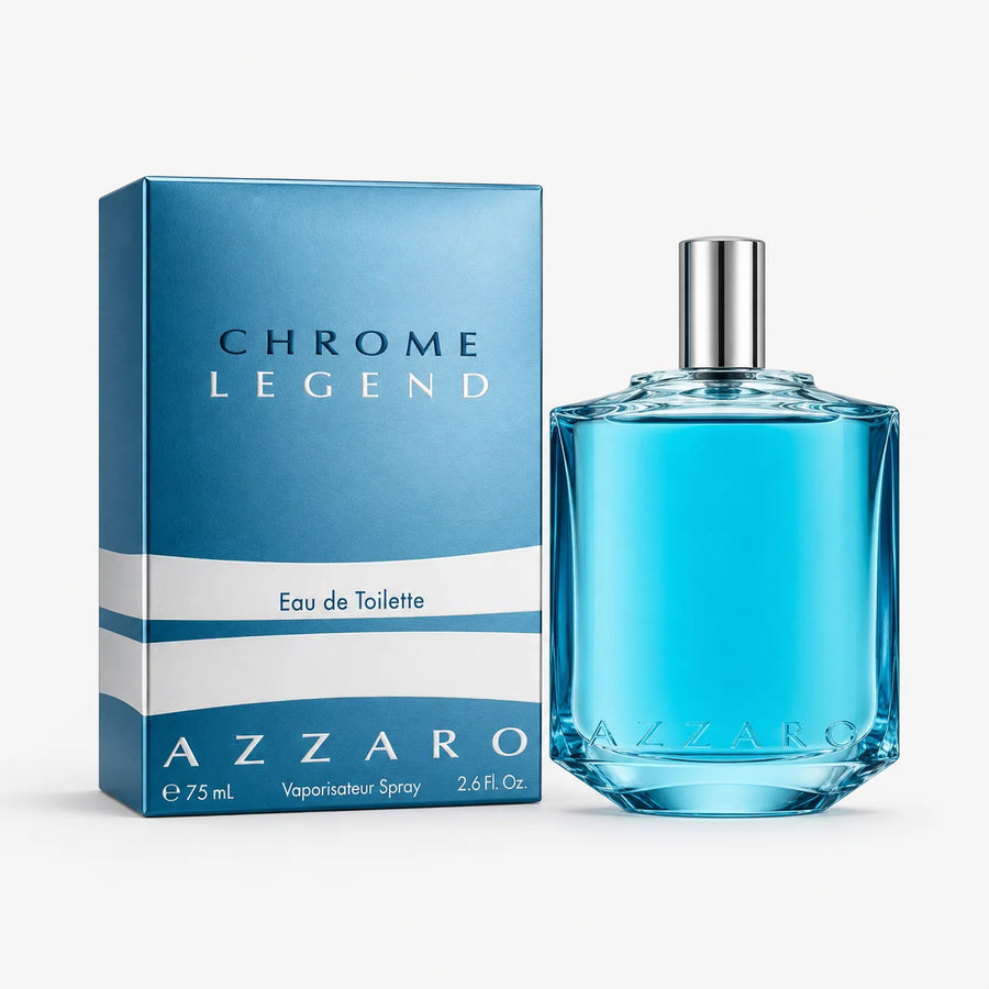 Azzaro Chrome Legend Eau de Toilette 75ml – 75 ml bottle beside its blue box