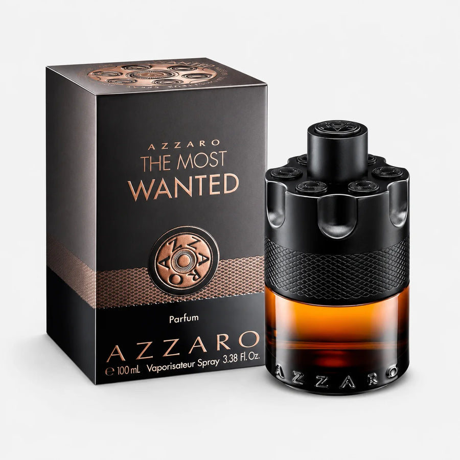 Azzaro The Most Wanted Parfum 100ml – bottle beside its black and copper box