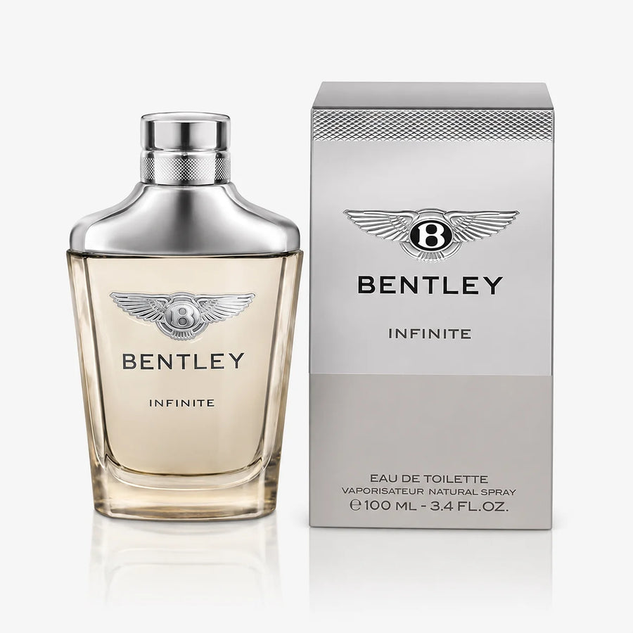 Bentley Infinite Eau de Toilette 100ml – bottle beside its silver box