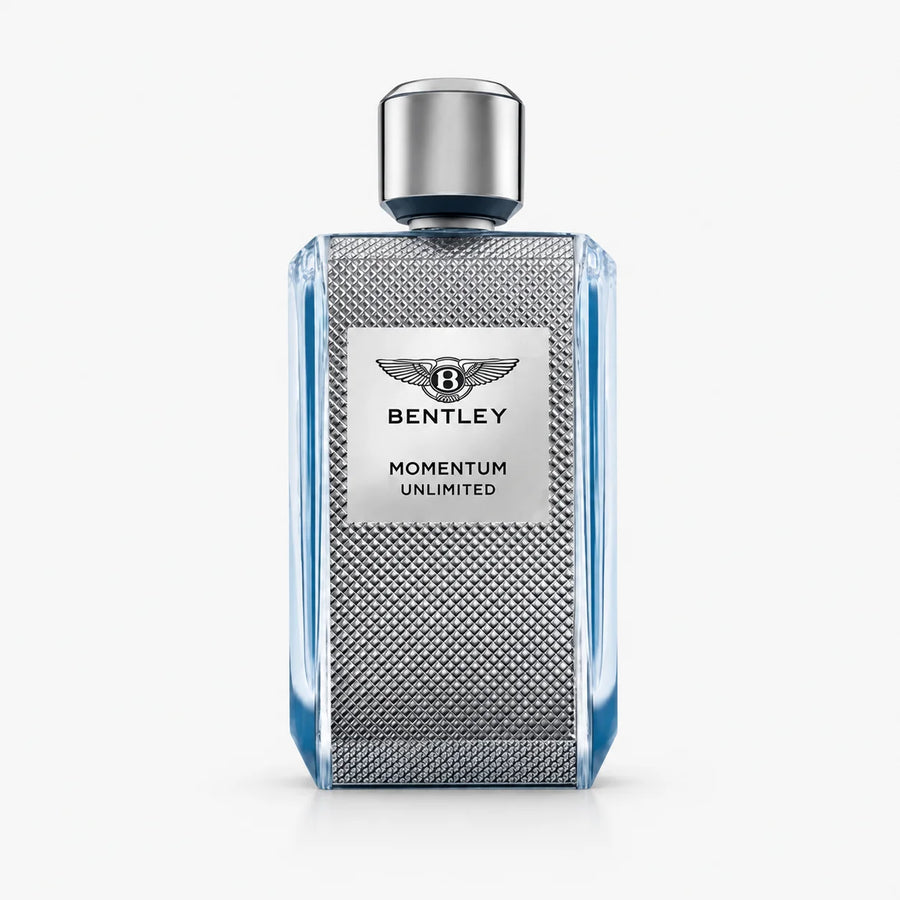 Bentley Momentum Unlimited Eau de Toilette 100ml – textured bottle with blue edges, front view