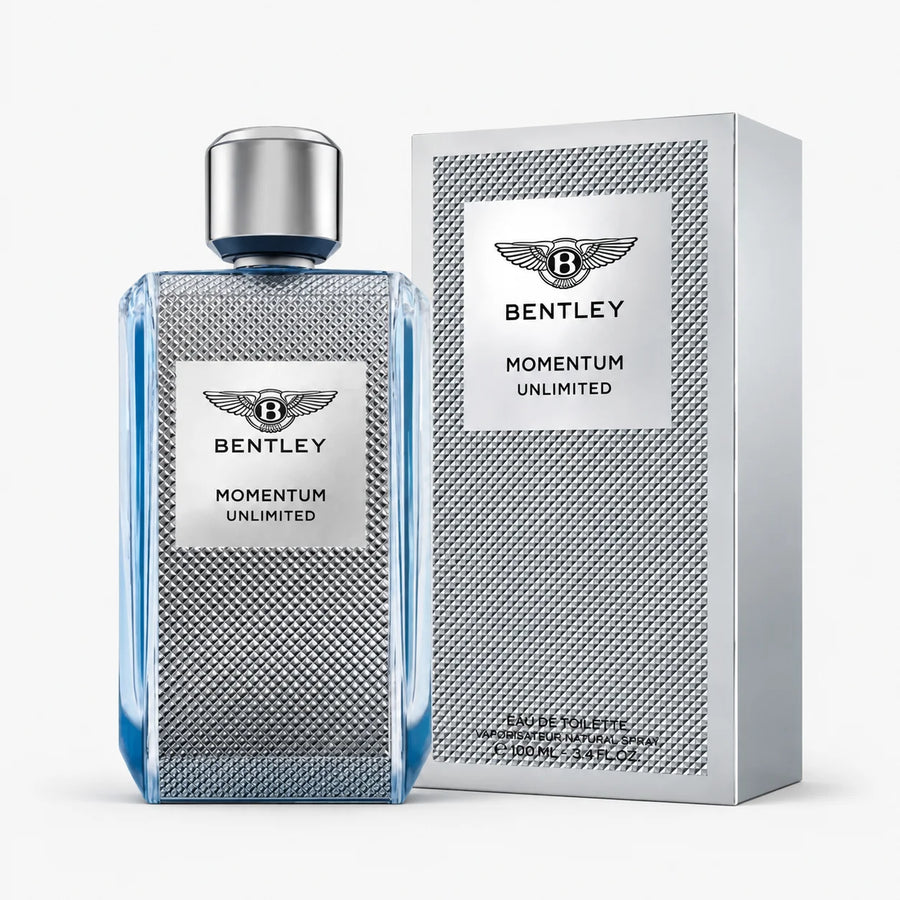 Bentley Momentum Unlimited Eau de Toilette 100ml – bottle beside its silver box