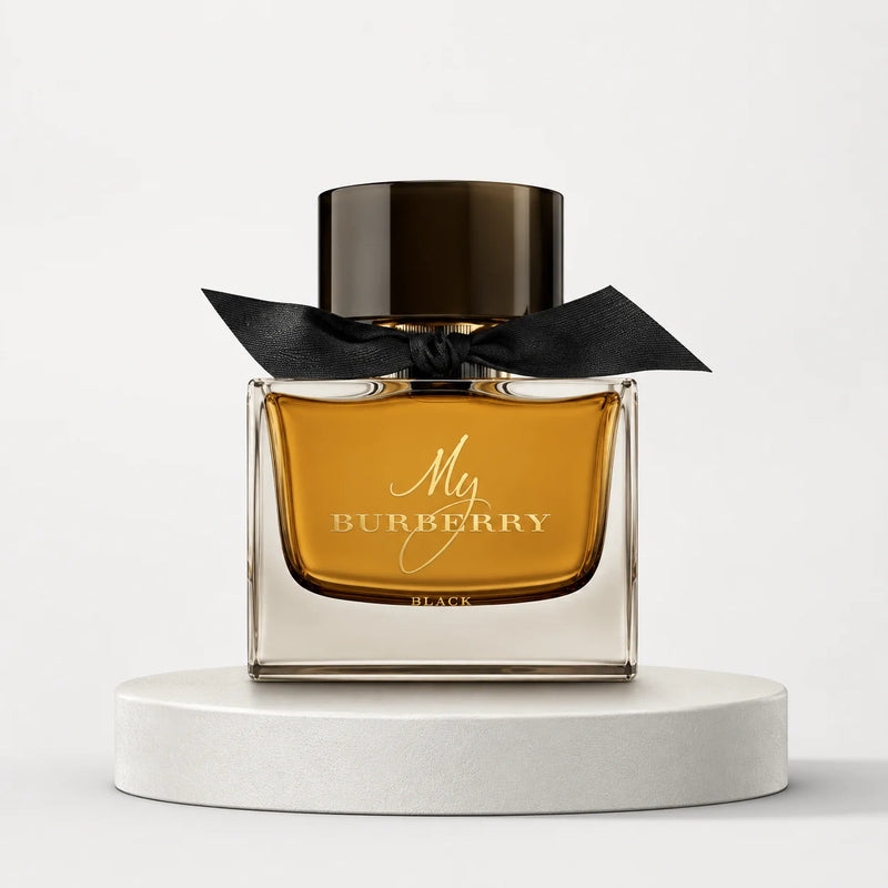 Burberry My Burberry Black Parfum 90ml – bottle with black bow on a white plinth