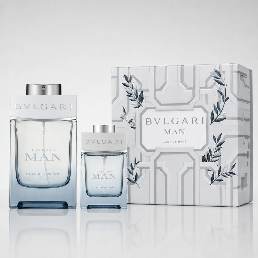 Bvlgari Man Glacial Essence EDP Gift Set 100ml + 15ml – both bottles beside the white gift box