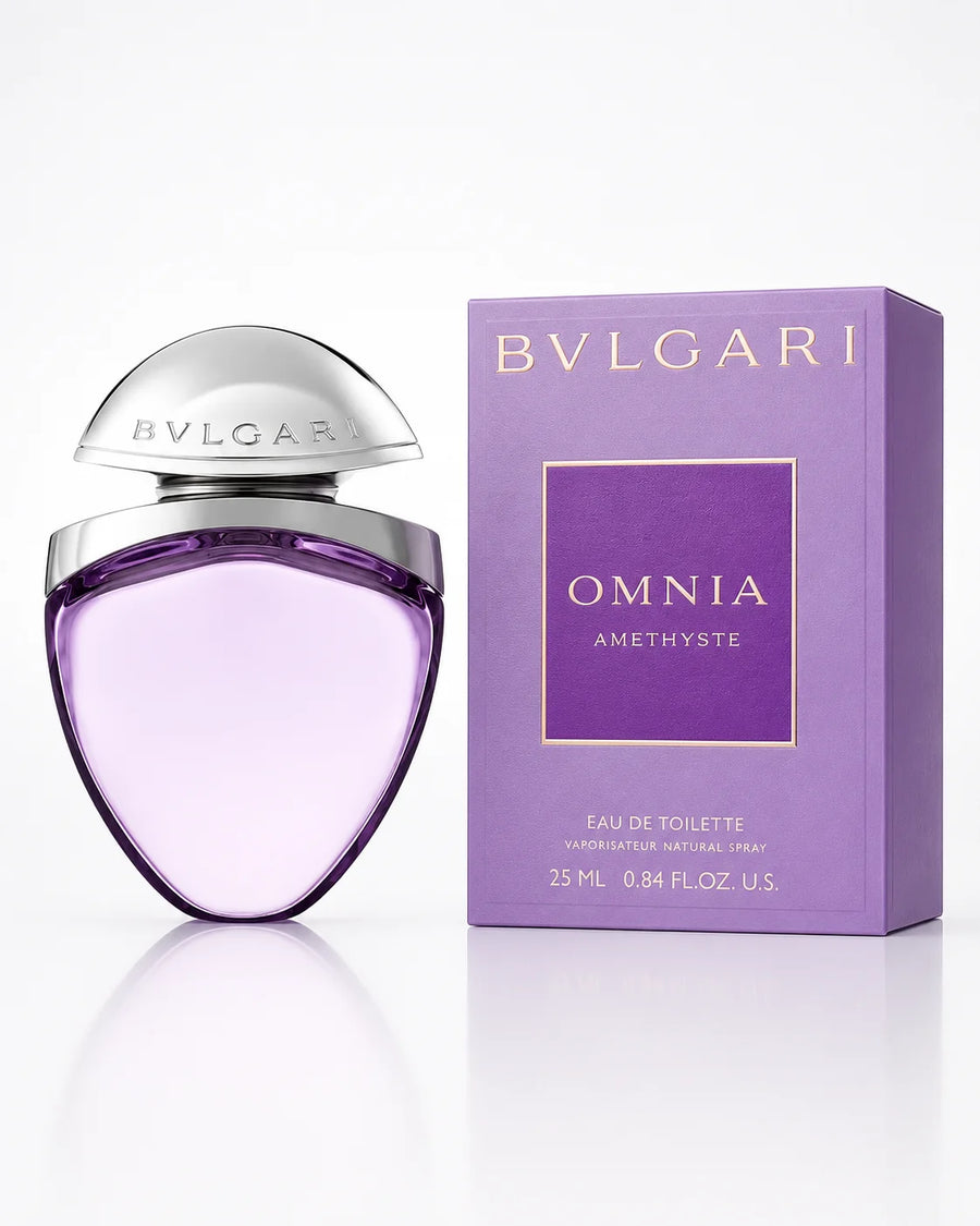 Bvlgari Omnia Amethyste Eau de Toilette 25ml – bottle beside its purple 25 ml box