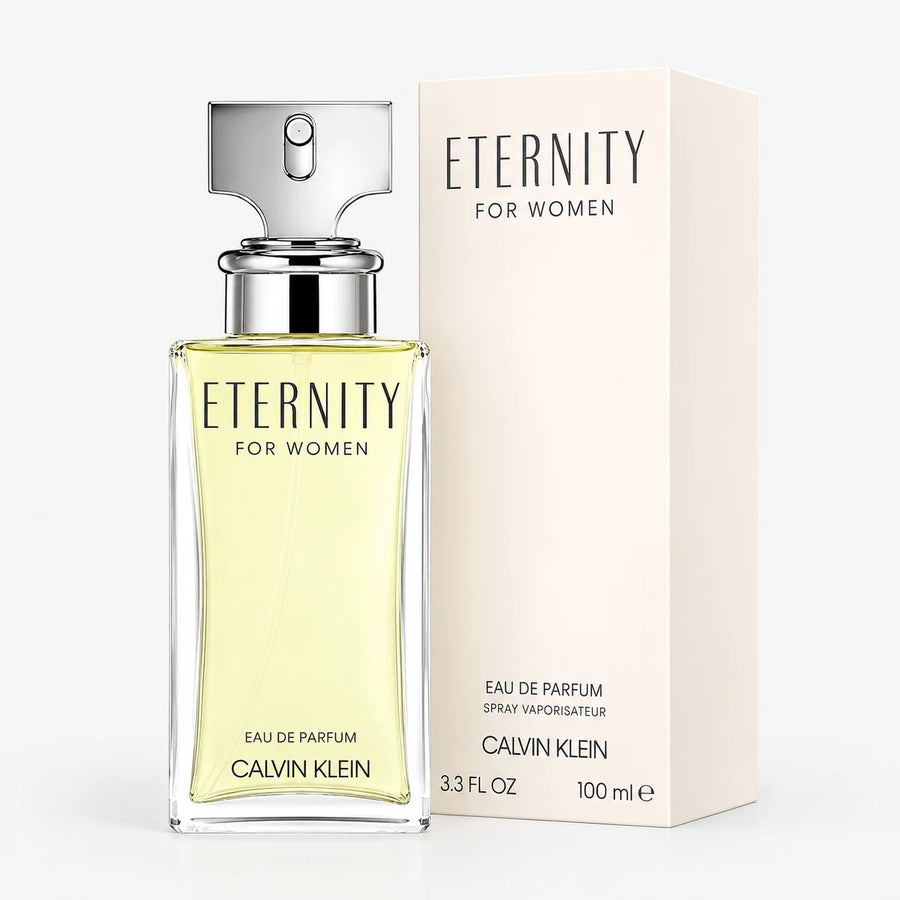 Calvin Klein Eternity Eau de Parfum – bottle beside its white 100 ml box