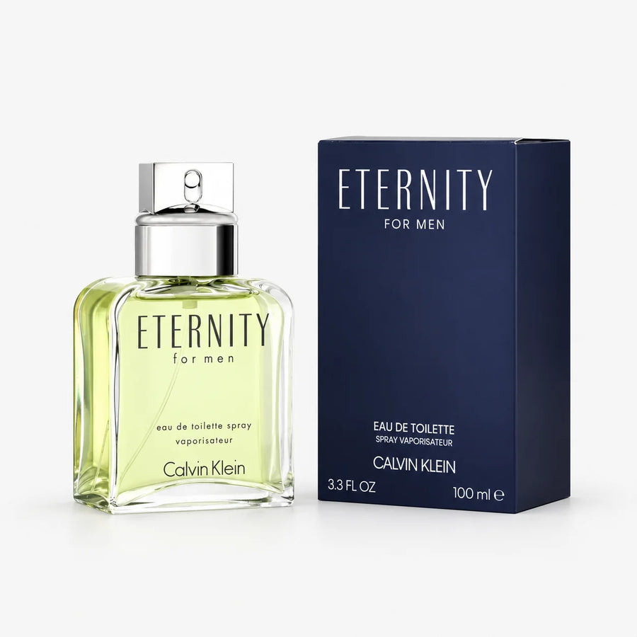 Calvin Klein Eternity for Men Eau de Toilette 100ml – bottle beside its navy 100 ml box