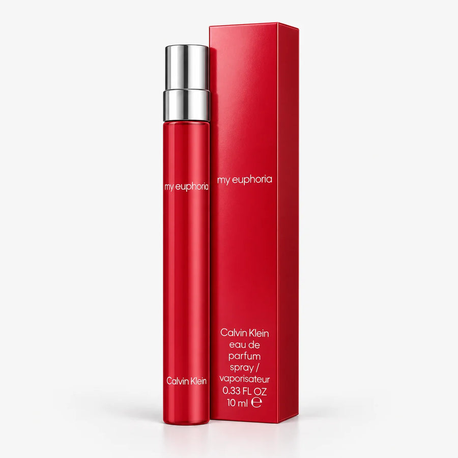 Calvin Klein My Euphoria Eau de Parfum 10ml Miniature – travel spray beside its red 10 ml box