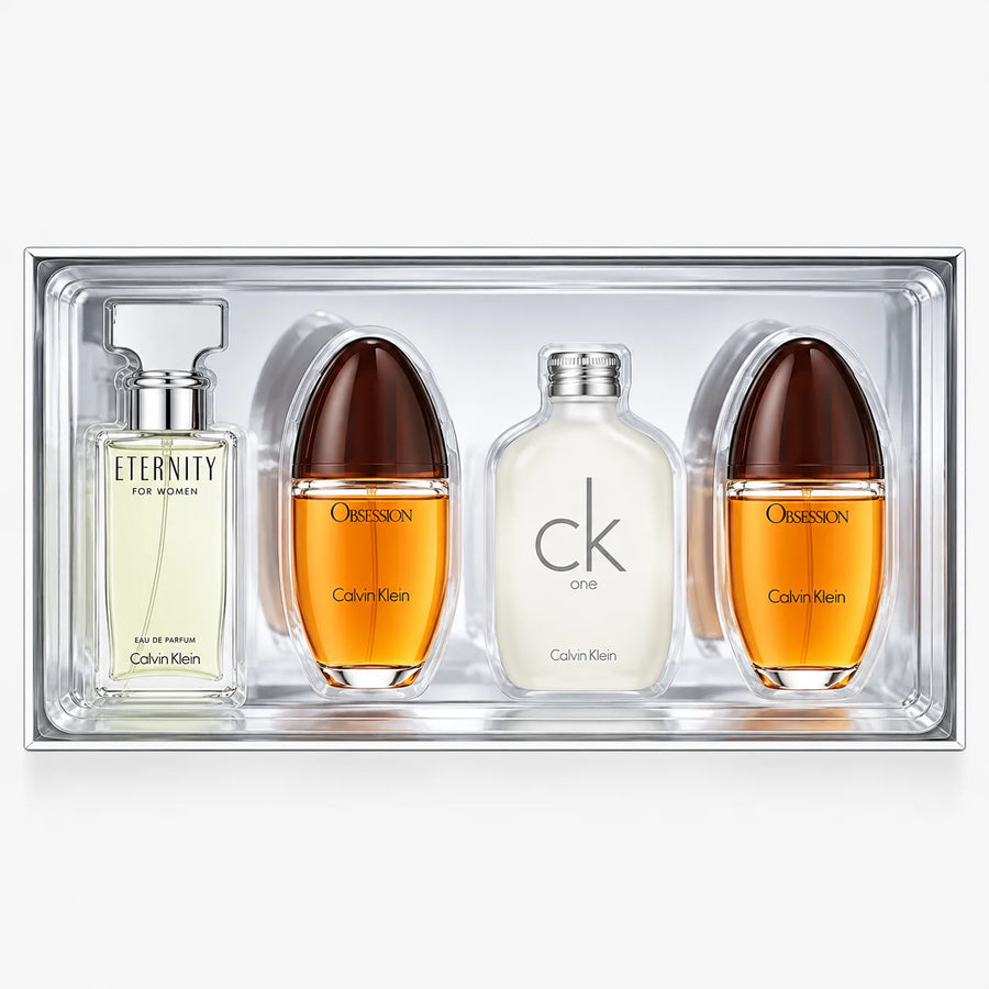 Calvin Klein Women’s Miniature Fragrance Set 4x15ml – four miniatures in the open silver gift box