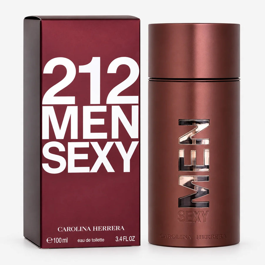 Carolina Herrera 212 Sexy Men Eau de Toilette 100ml – bottle beside its burgundy box