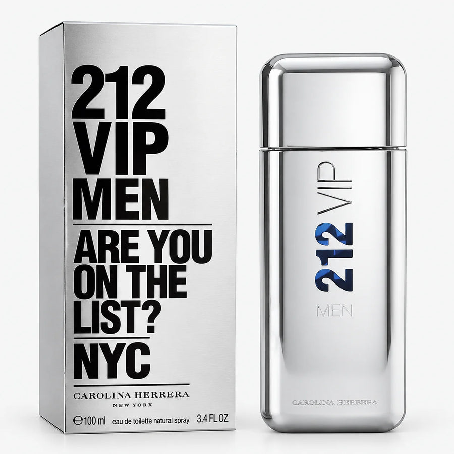 Carolina Herrera 212 VIP Men Eau de Toilette 100ml – bottle beside its silver box