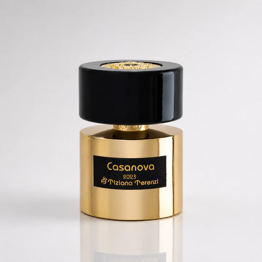 Casanova Anniversary Extrait de Parfum 100ml – gold bottle with black cap, front view