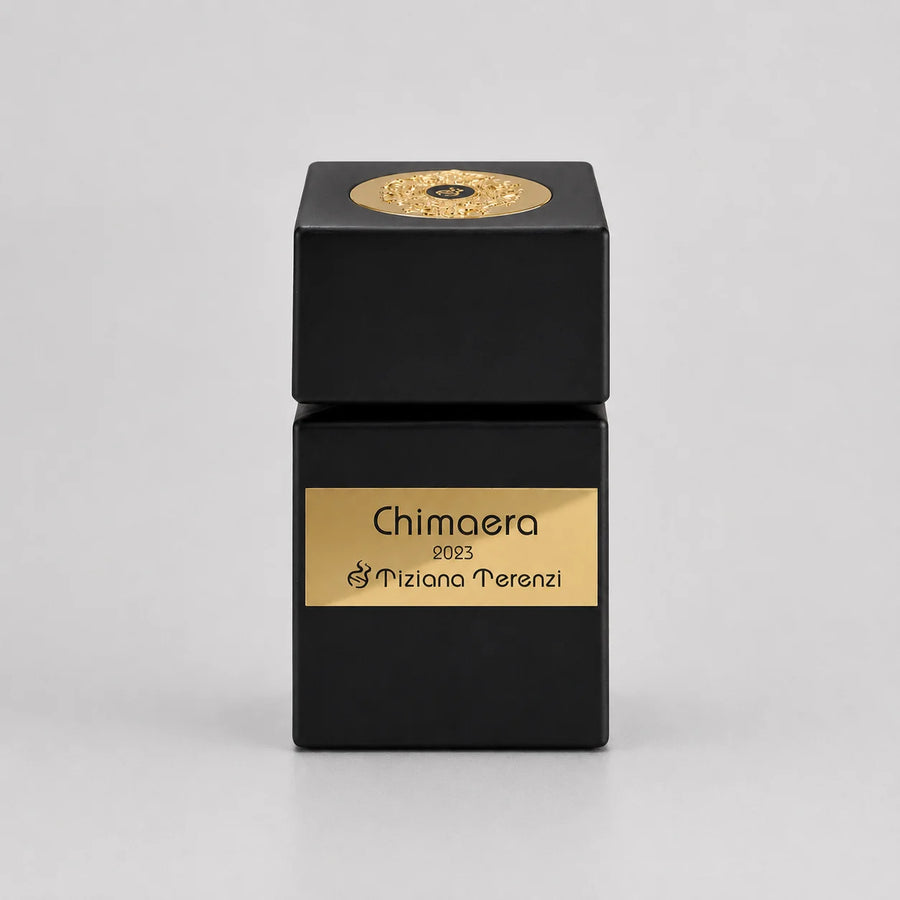 Chimaera Anniversary Extrait de Parfum 100ml – black bottle with gold label, front view
