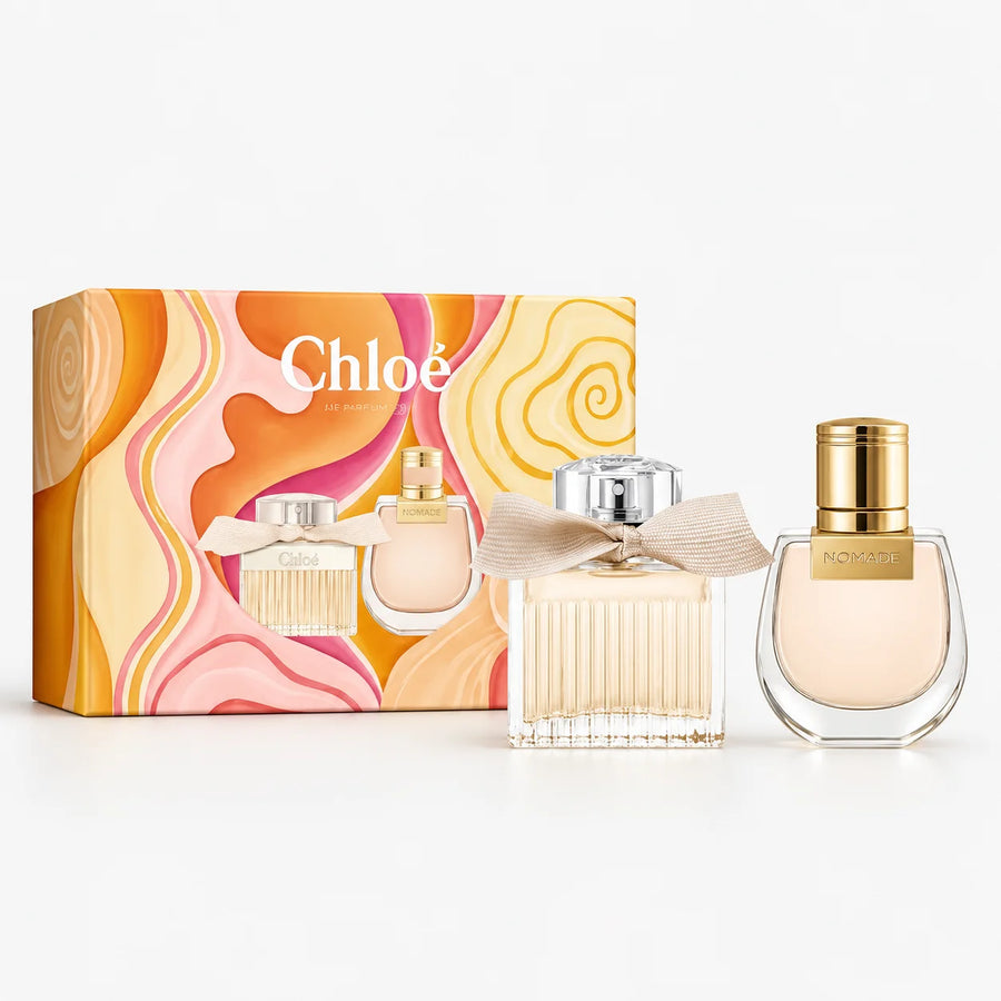 Chloé Women’s Miniature Eau de Parfum Gift Set – two 20 ml bottles beside the patterned gift box