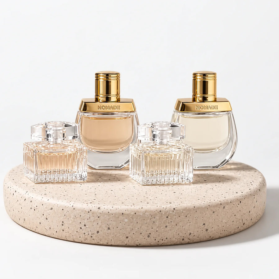 Chloé Women’s Miniature Perfume Set 4x5ml – four miniatures on a speckled stone plinth
