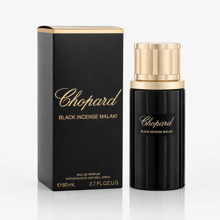Chopard Black Incense Malaki Eau de Parfum 80ml – bottle beside its black gift box marked 80 ml