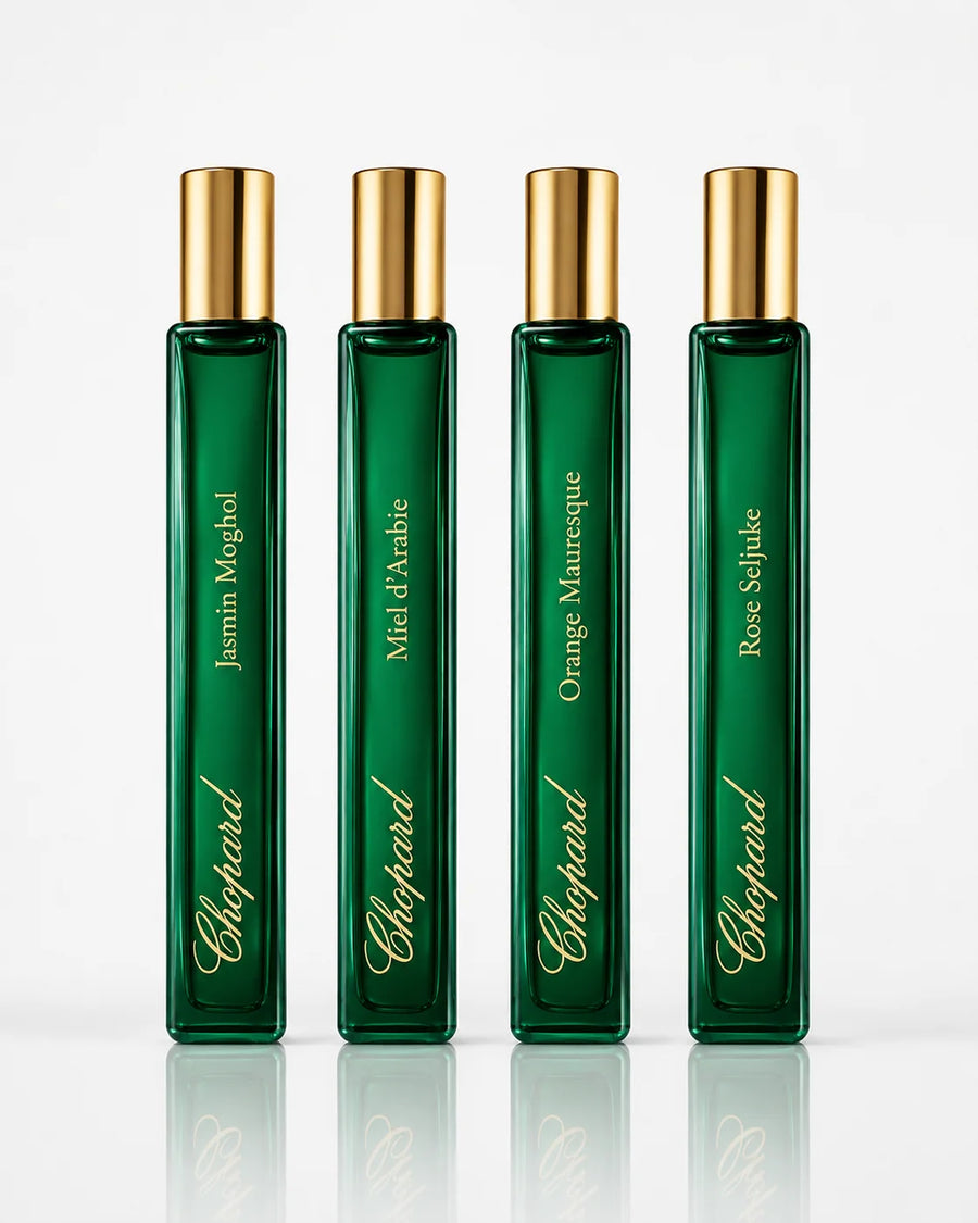 Chopard Gardens of Paradise Discovery Set 4x10ml – four green 10 ml sprays: Jasmin Moghol, Miel d'Arabie, Orange Mauresque, Rose Seljuke