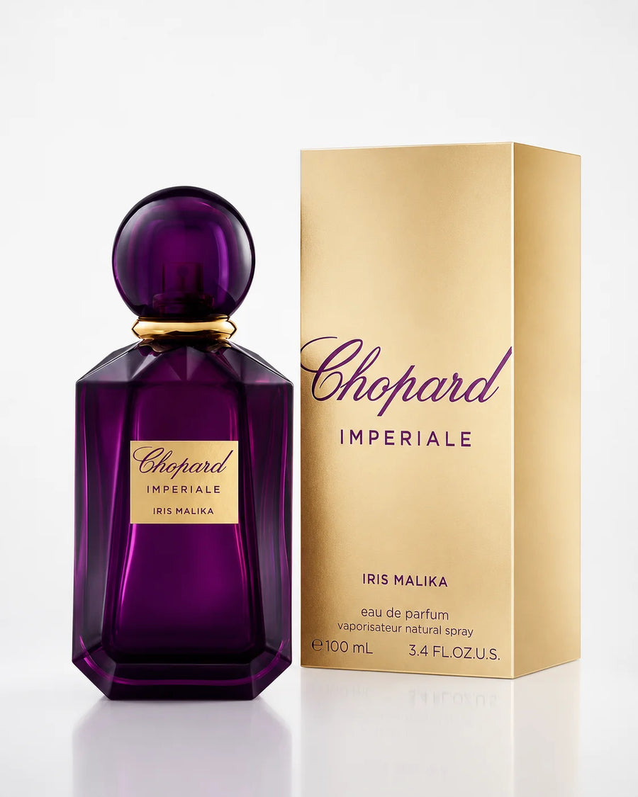 Chopard Imperiale Iris Malika Eau de Parfum 100ml – 100 ml bottle beside its gold gift box
