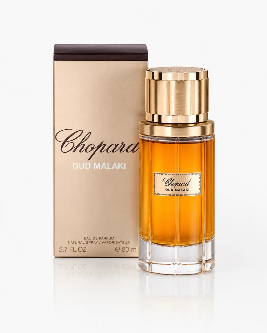 Chopard Oud Malaki Eau de Parfum 80ml – bottle beside its gold gift box