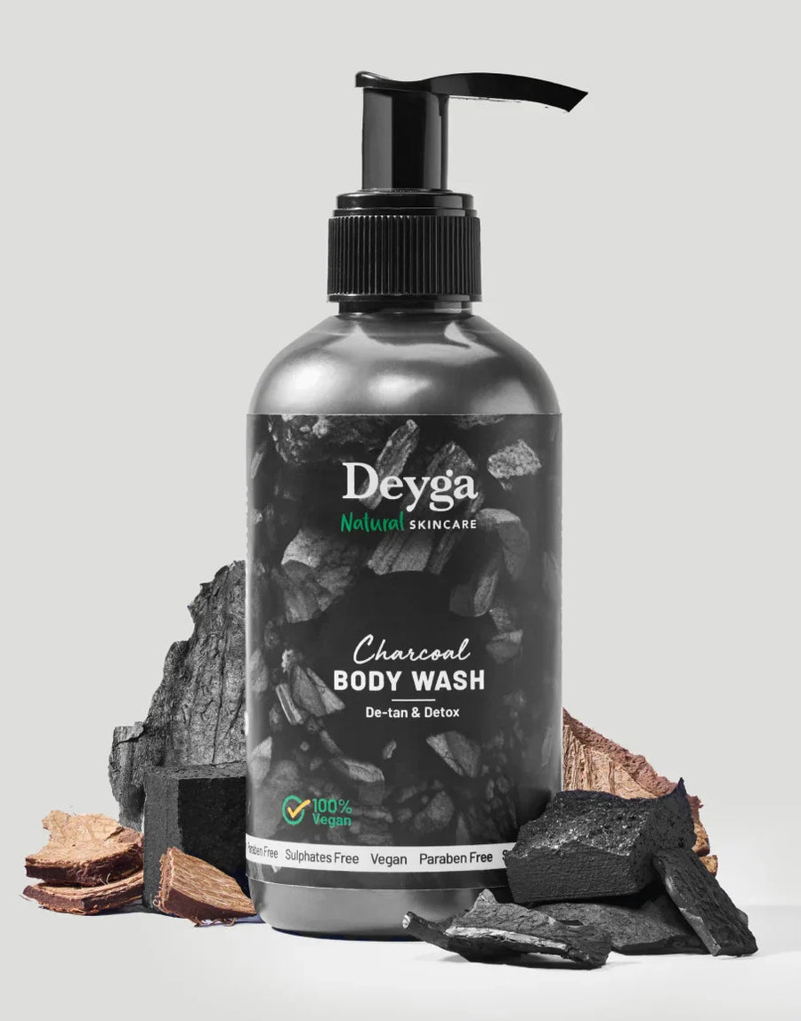 Deyga Activated Charcoal Body Wash 220ML – bottle with charcoal pieces