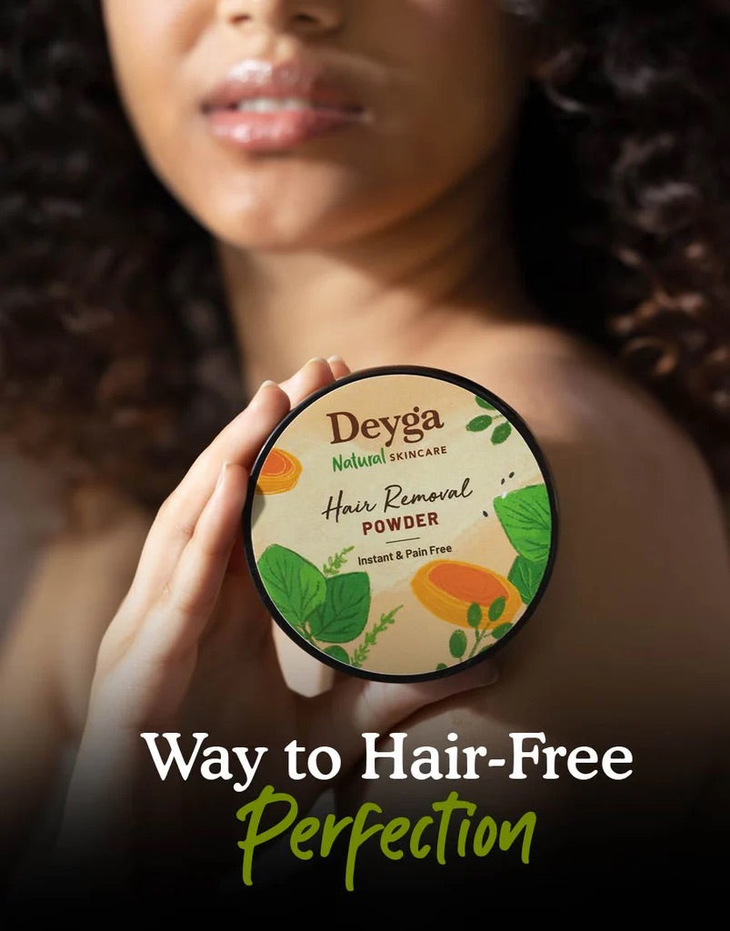 Deyga Hair Removal Powder 100g – model holding the tin