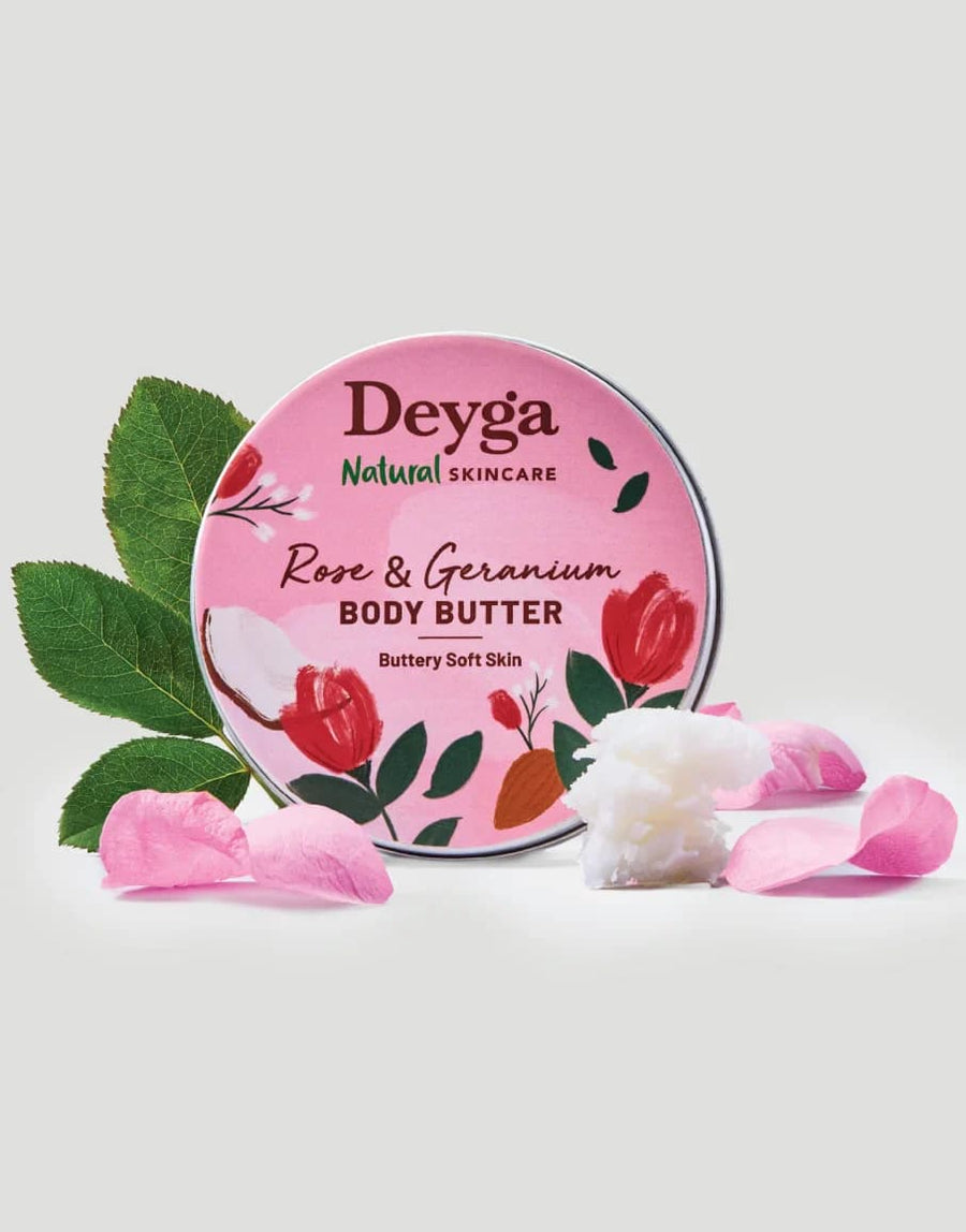 Deyga Rose & Geranium Body Butter 40G – tin with roses and petals