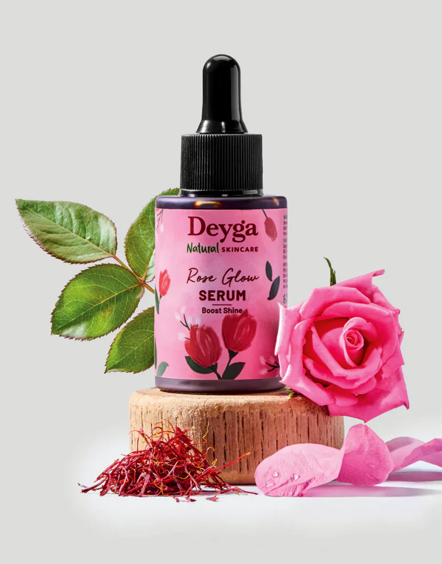 Deyga Rose Glow Serum 30ml – dropper bottle with roses and saffron
