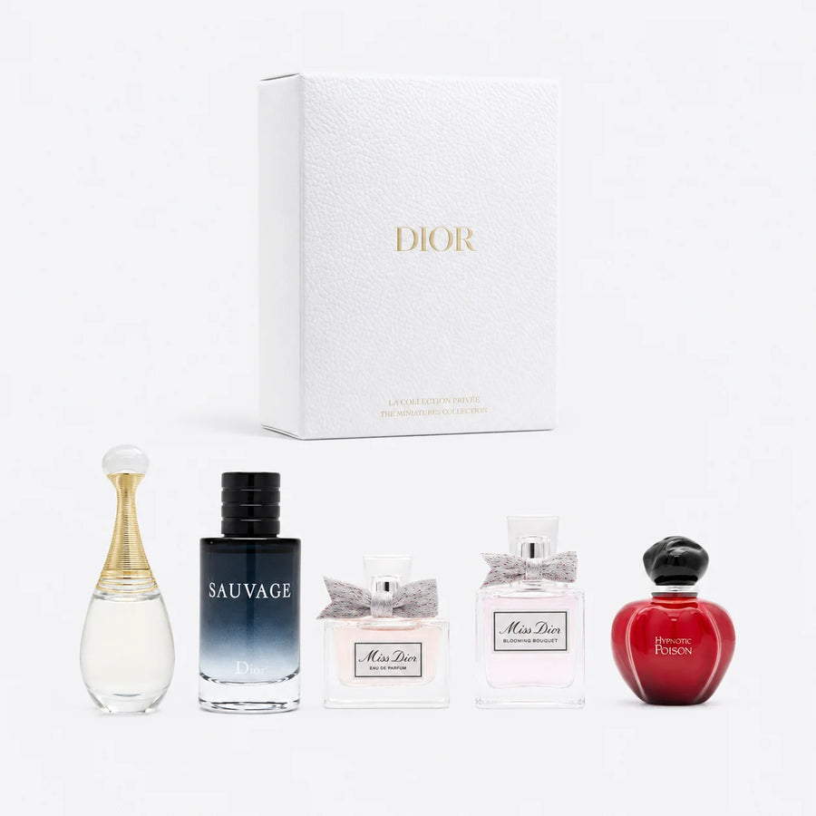 Dior Iconics Mini Perfume Discovery Set 5 x 5ml – five miniatures in front of the white Dior box