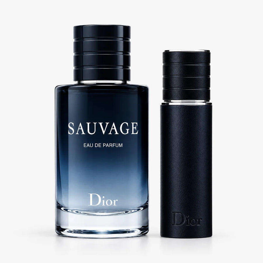 Dior Sauvage Eau de Parfum 100ml + 10ml Men’s Gift Set – 100 ml bottle and 10 ml travel spray, front view