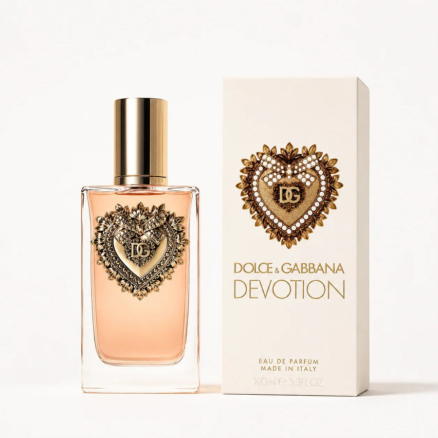 Dolce & Gabbana Devotion Eau de Parfum 100ml – bottle beside its cream Devotion box