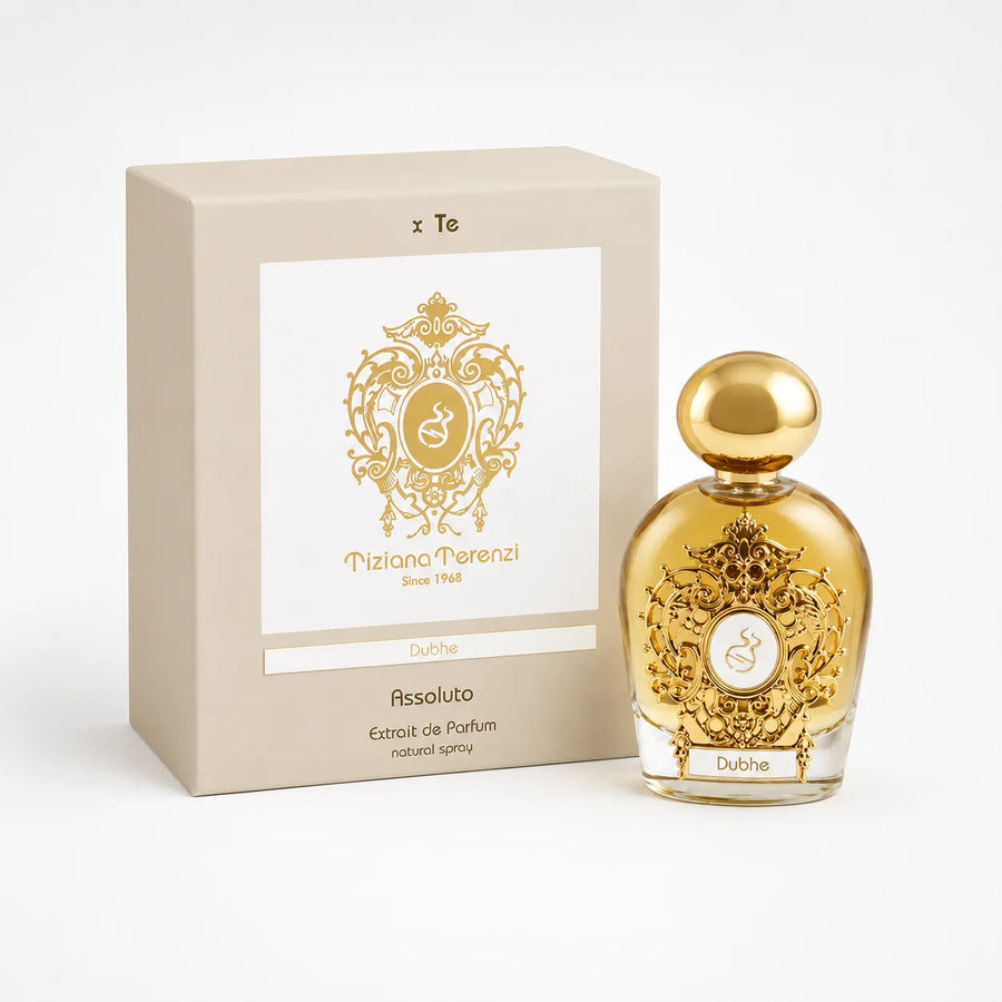 Dubhe Assoluto Extrait de Parfum 100ml – bottle beside its cream gift box marked Assoluto